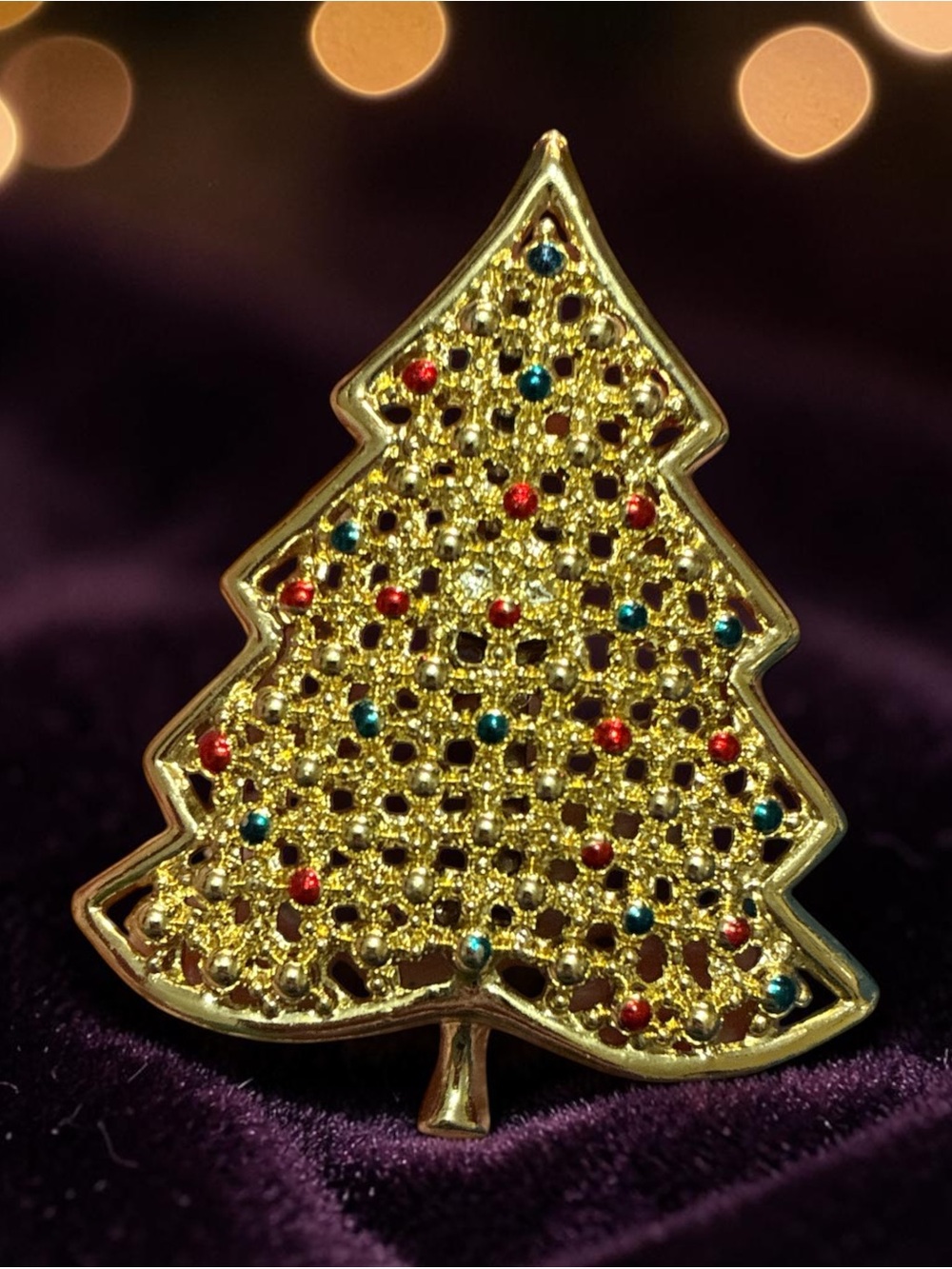 Gold Christmas Tree Pin with Red & Green Accents